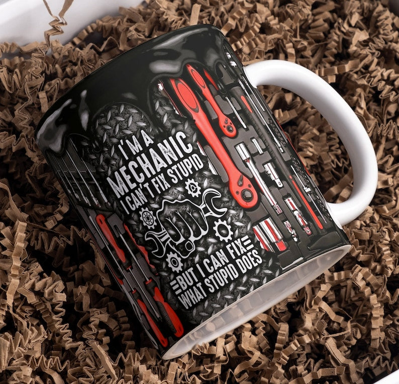 I'm A Mechanic Mug, Witty Ceramic Cup with Red Tools & Grease Shop Theme, Ideal for Dad, Husband, Coffee Cups, 11oz  & 15 oz