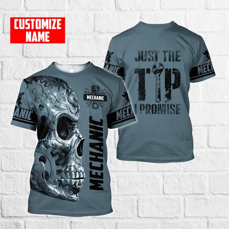 Personalized All Over Print Mechanic Shirt, Skull and Gear Graphic Shirt, Gift for Car & Mechanic Lover