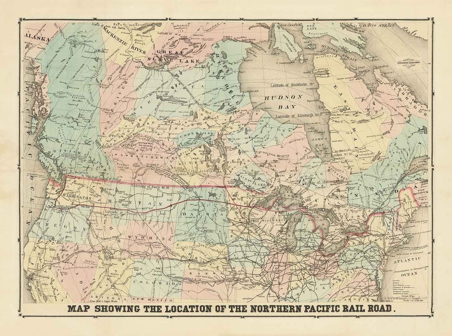 Old Map of the Northern Pacific Railway, 1870 by Traubel - Railroads in Canada & USA - Great Lakes, States