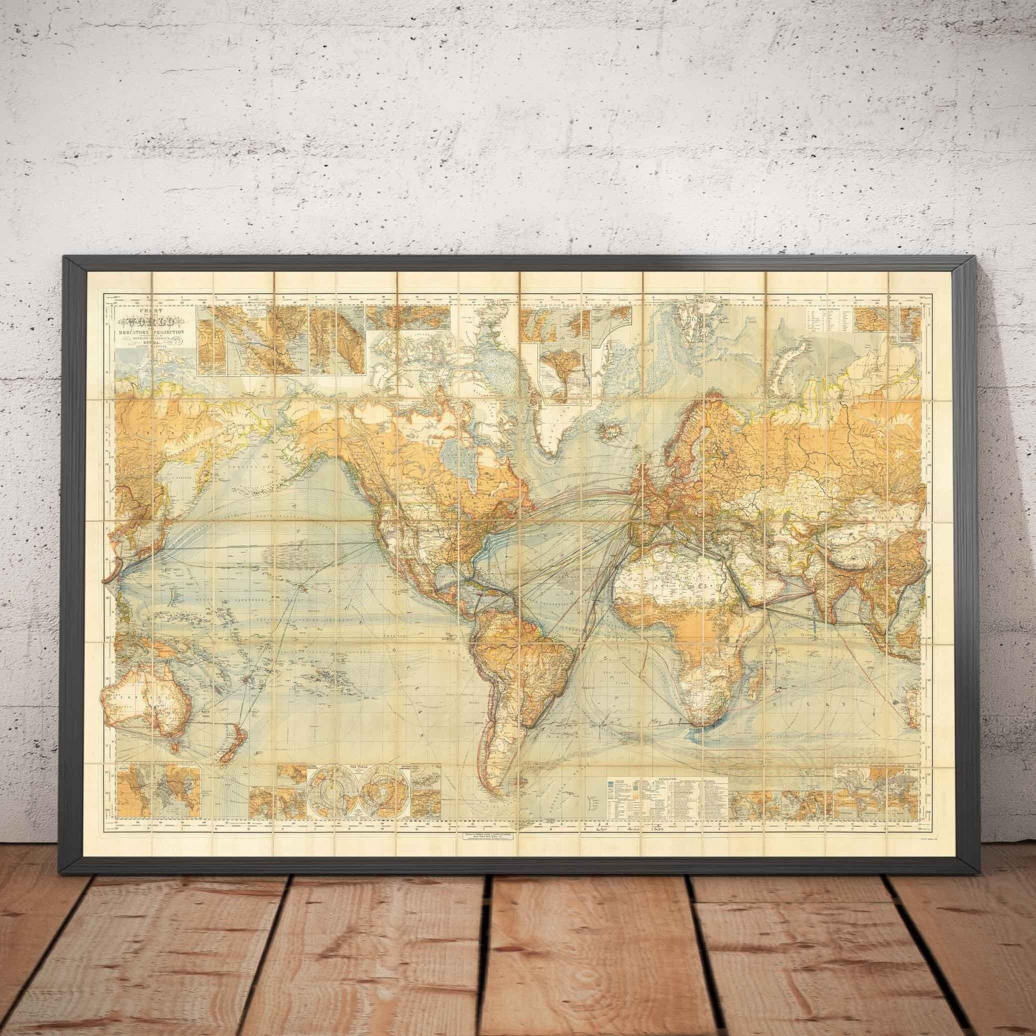 Old Shipping Lanes World Map, 1873 by Berghaus - Giant Atlas Chart - Sea Transport, Railroads, Harbours, Steamers