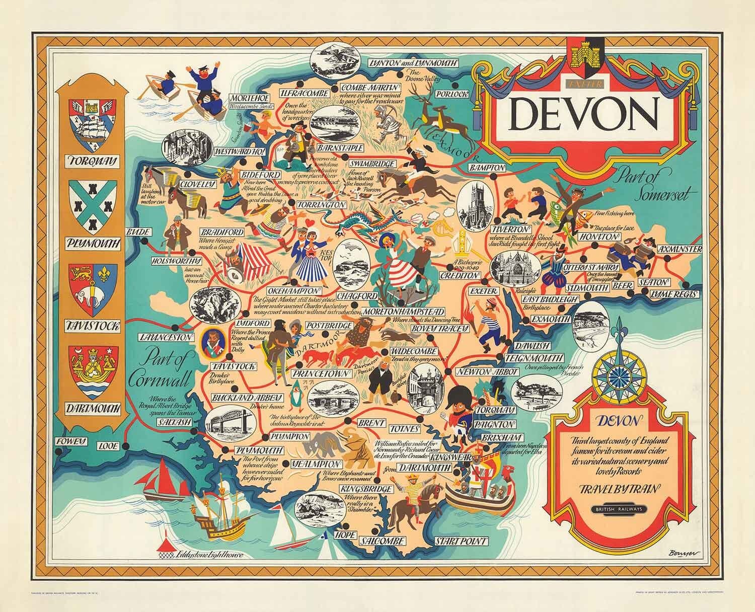 Old Pictorial Map of Devon, 1950 by Bowyer - British Railway, Torquay, Torrington, Clovelly, West Country