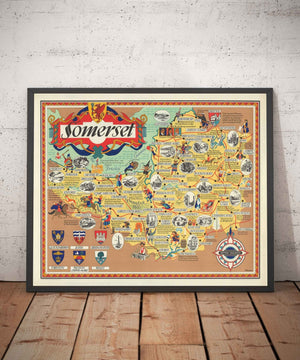 Old Pictorial Map of Somerset, 1950 - British Railway, Weston-super-Mare, Somerton, Dulverton, Bath, West Country