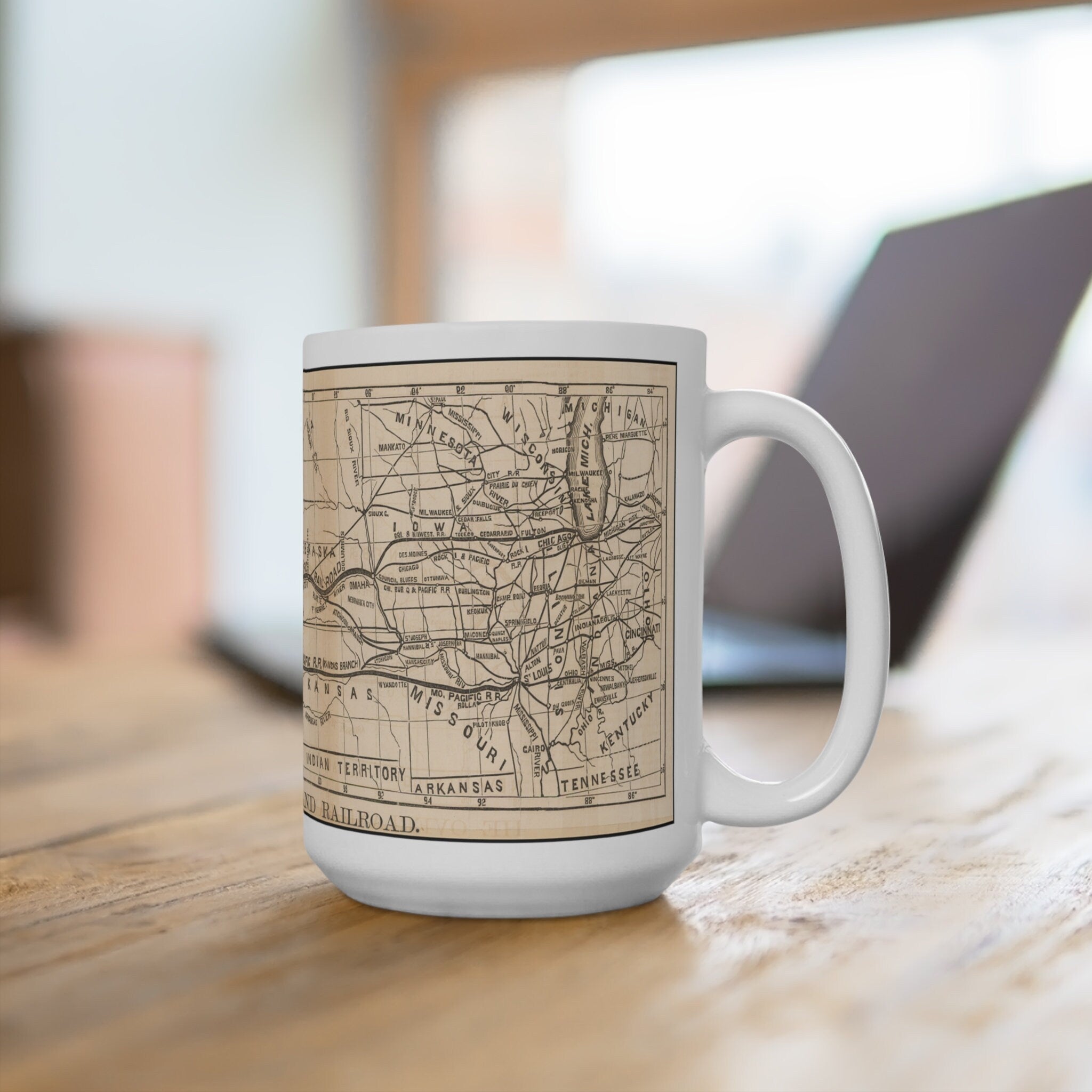 Overland Railroad Map & Steam Engine Coffee Mug Perfect for Train Model Lovers