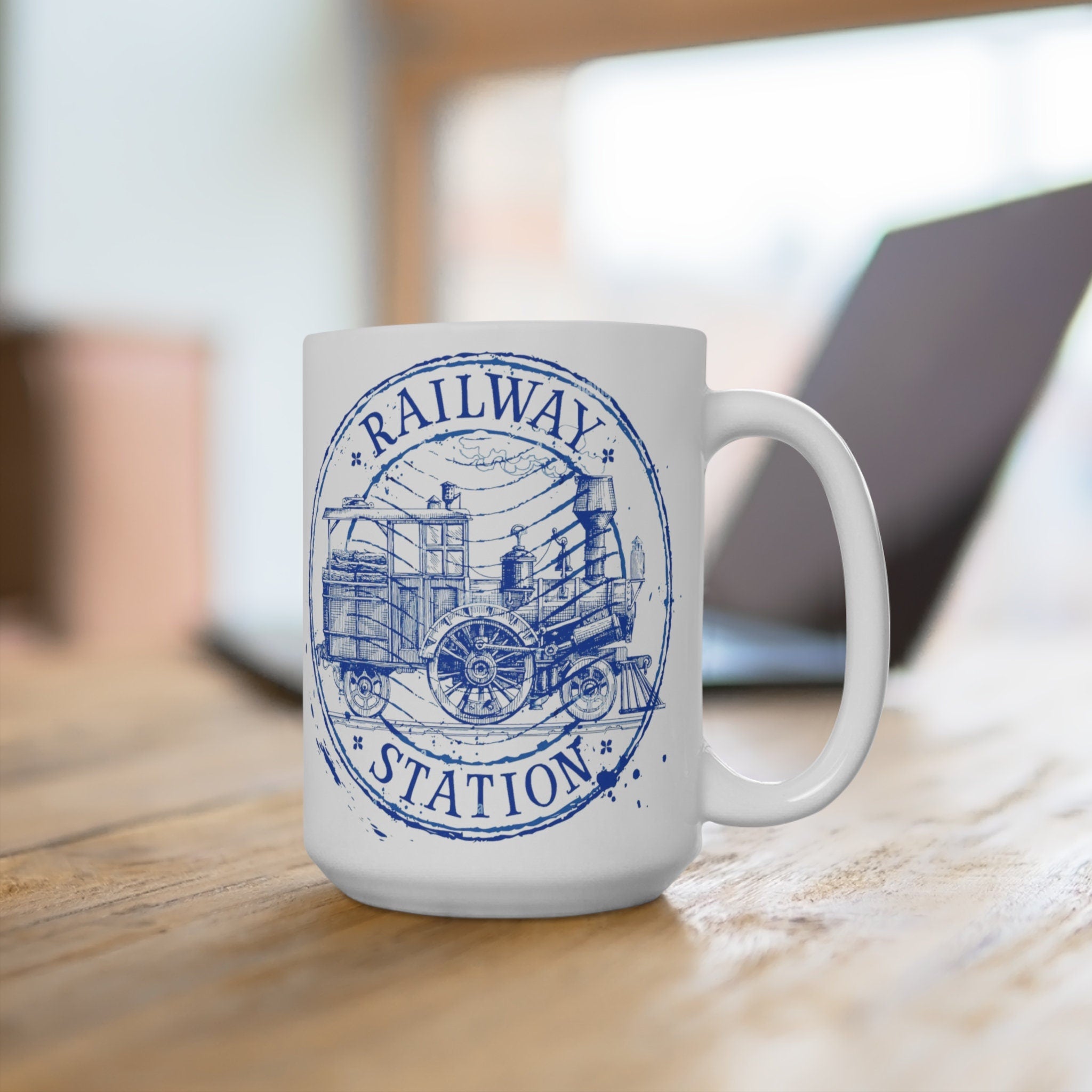 Vintage Steam Engine Mug Old Railway Station & Model Locomotive Artwork