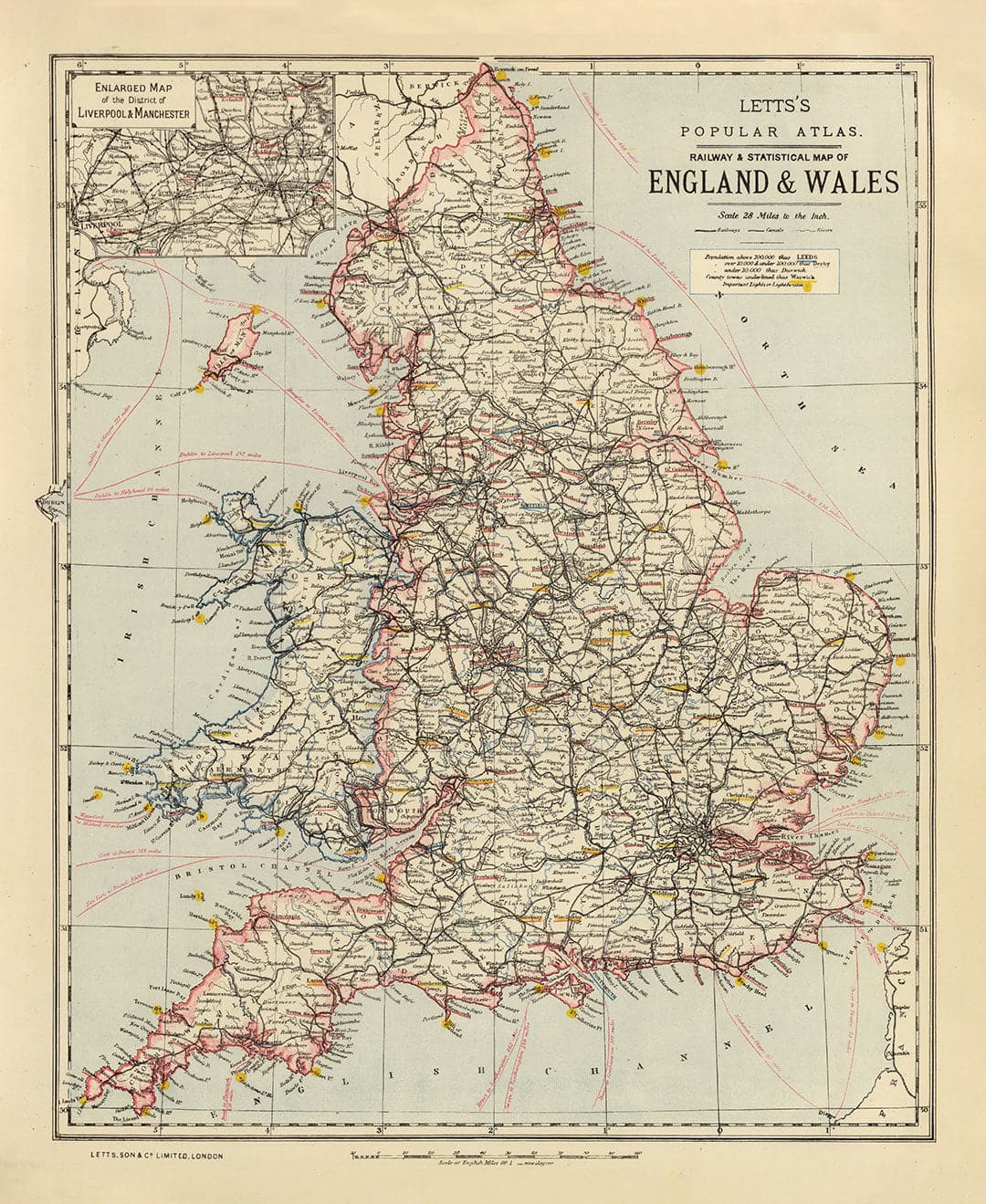 Old Rail Map of England and Wales, 1883: Letts's Railway & Statistical Map - Train Network Chart