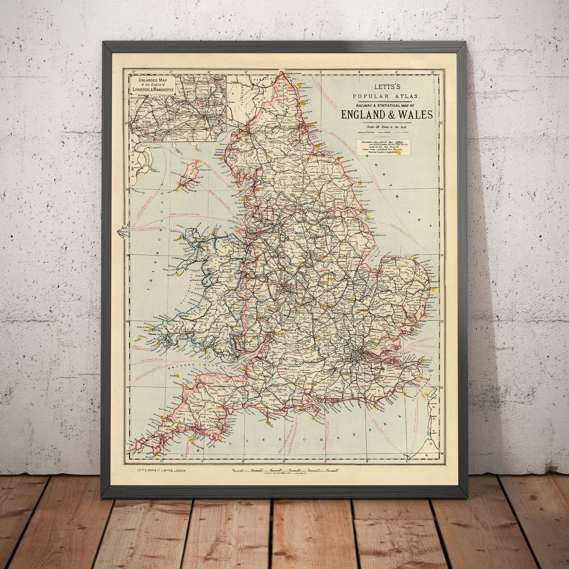 Old Rail Map of England and Wales, 1883: Letts's Railway & Statistical Map - Train Network Chart