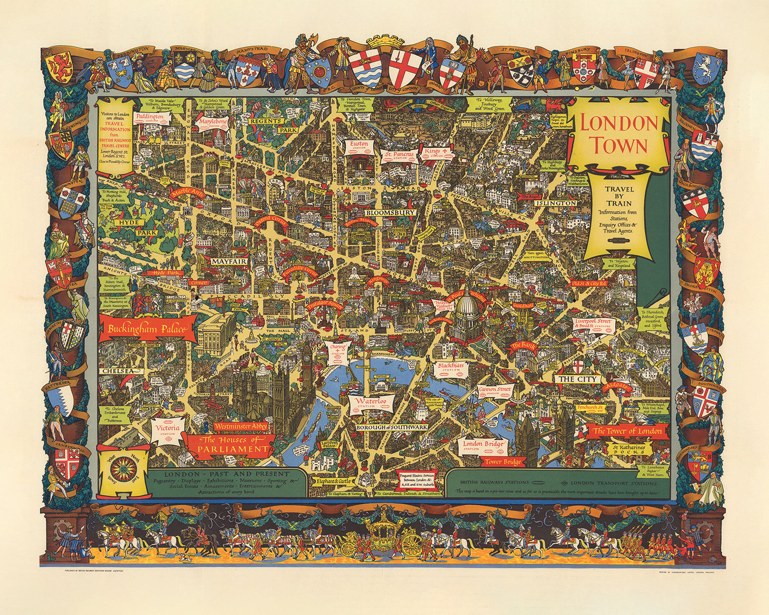 Old Pictorial Map of London Town by British Railways & Kerry Lee, 1953: Tower of London, Parliament, Buckingham Palace, St. Paul's Cathedral