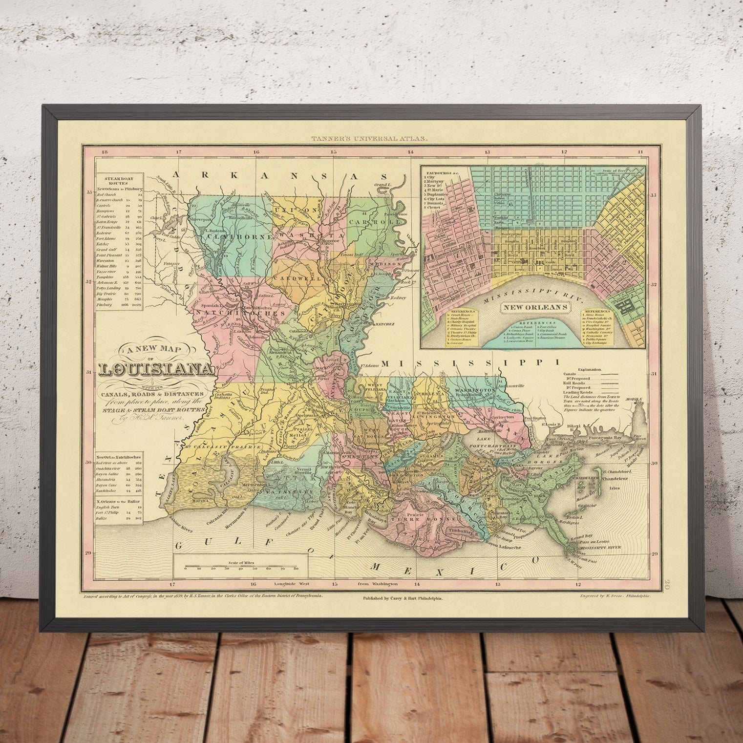 Old Map of Louisiana by Tanner, 1843: New Orleans, Baton Rouge, Lake Pontchartrain, the Mississippi River Delta, and the Gulf of Mexico