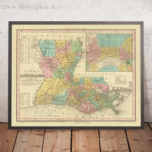 Old Map of Louisiana by Tanner, 1843: New Orleans, Baton Rouge, Lake Pontchartrain, the Mississippi River Delta, and the Gulf of Mexico