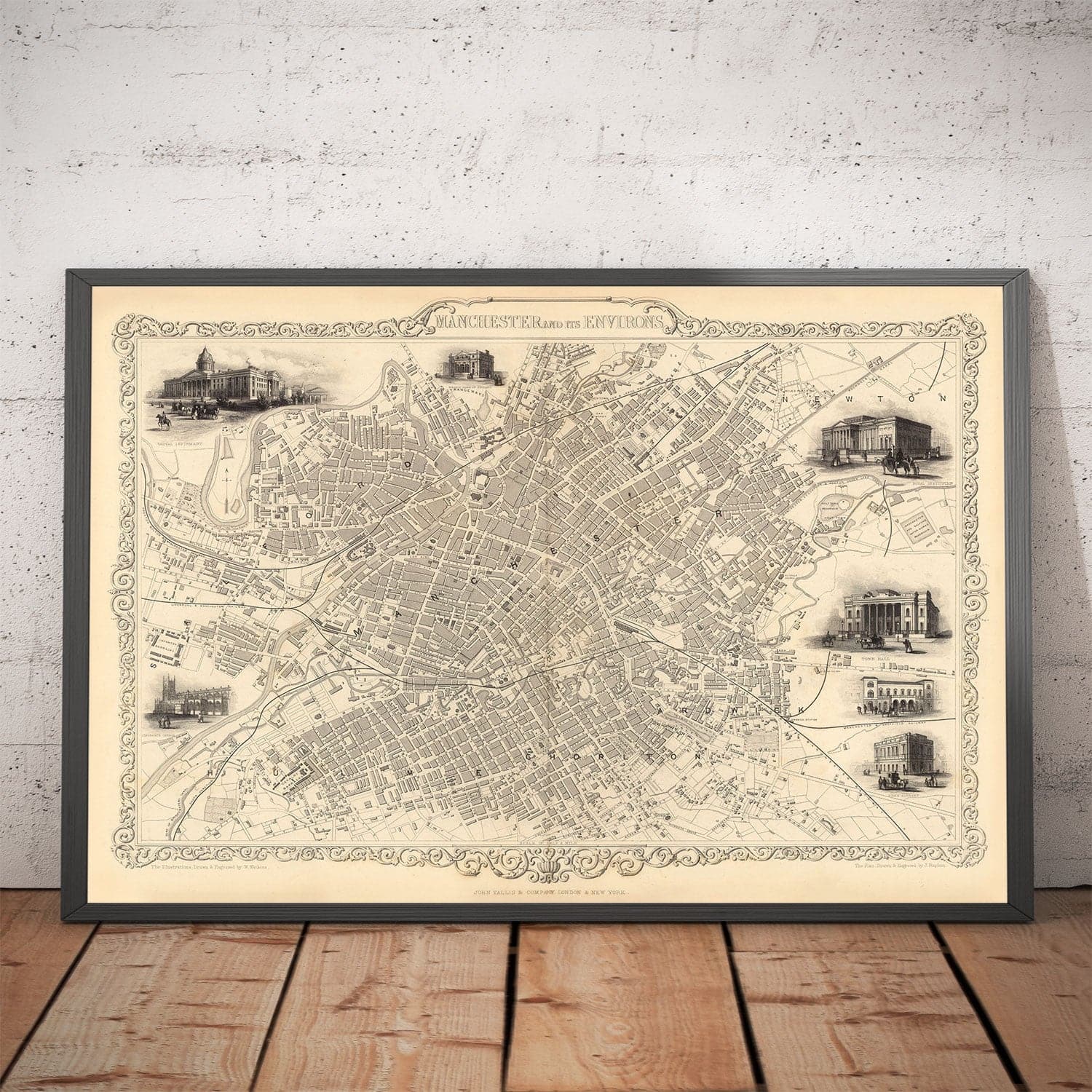 Old Map of Manchester and Environs by John Rapkin, 1851 - Town Hall, Royal Infirmary, Train Stations