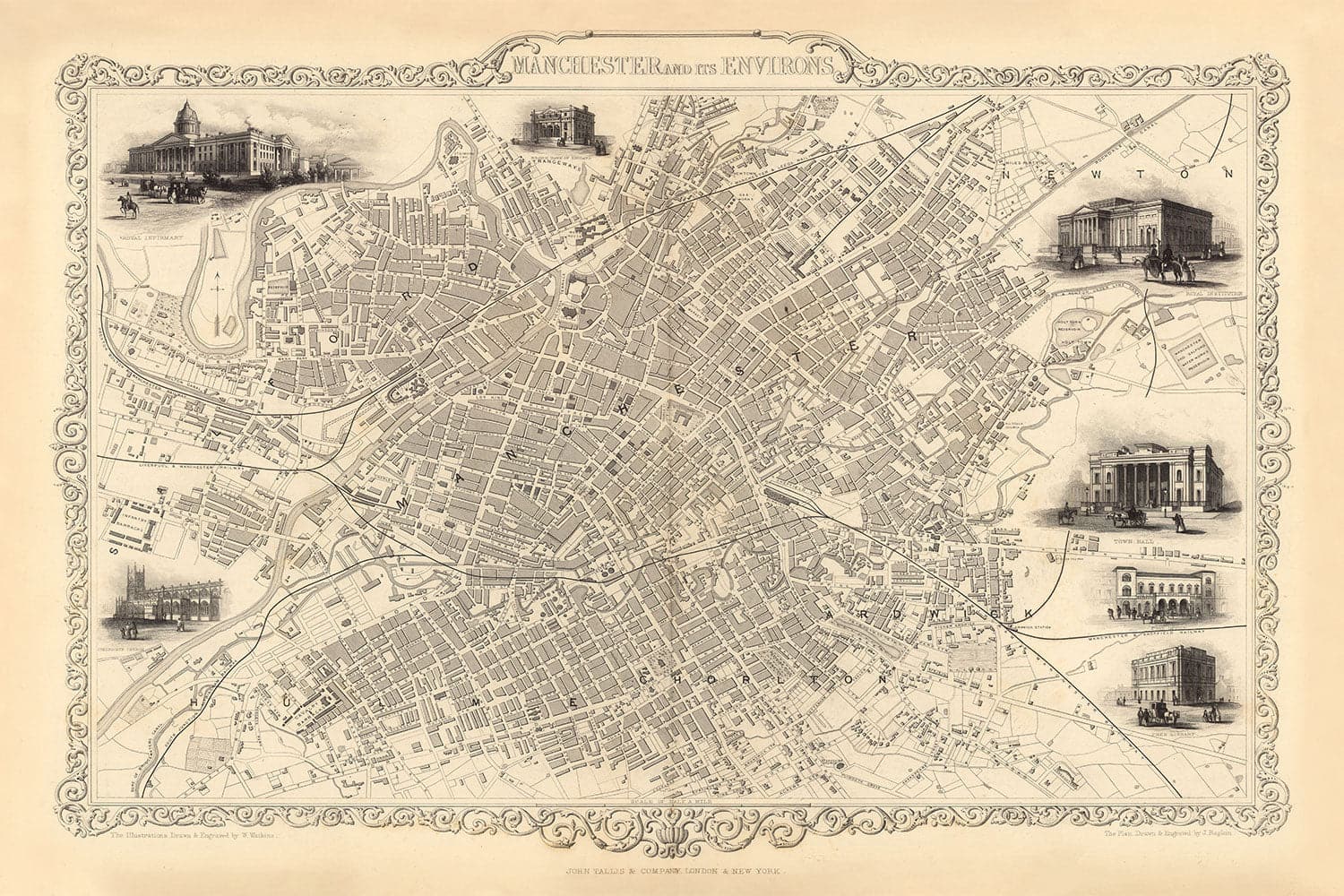 Old Map of Manchester and Environs by John Rapkin, 1851 - Town Hall, Royal Infirmary, Train Stations