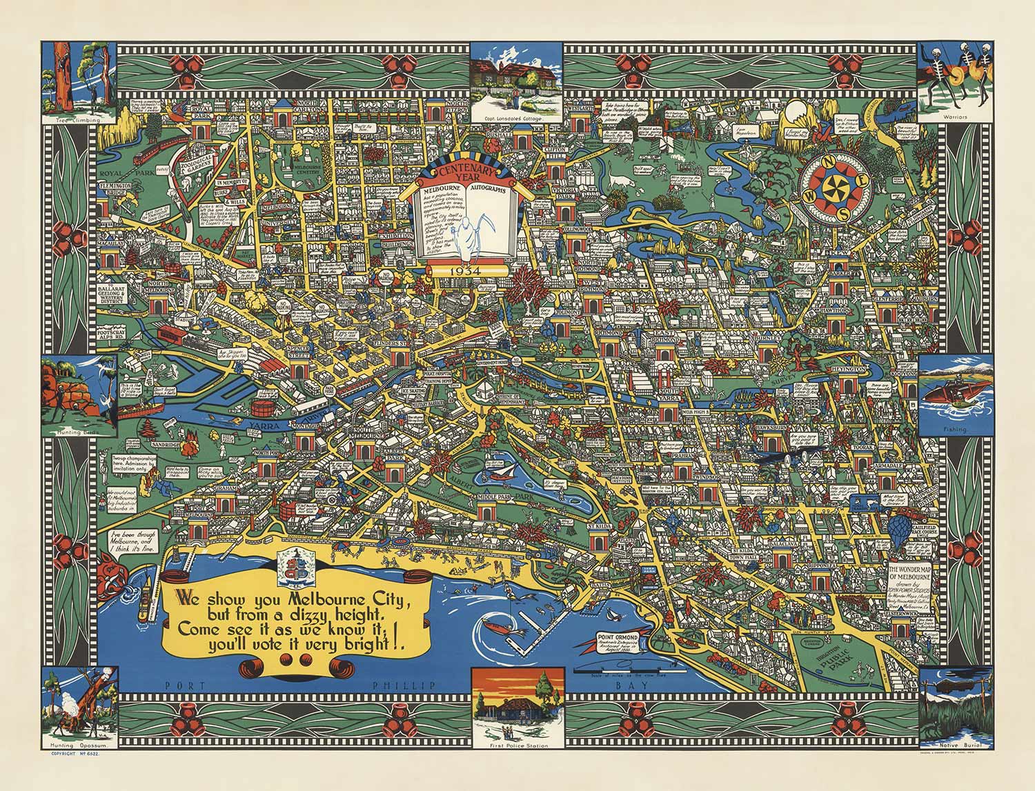 Old Map of Melbourne, Victoria by John Power Studios, 1934 - Downtown, Train Station, Parks, Zoo, Beach, Yarra River