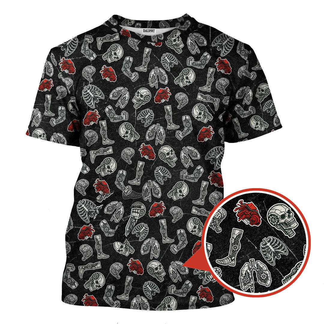 Mechanic All Over Print T Shirt Skull Engine Tools Auto Repair Garage Workwear Graphic Tee Gift For Men Women