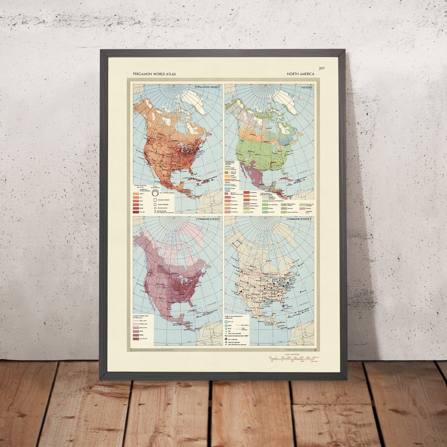Old Infographic Map of North American Demographics & Communications, 1967: Cold War Road & Rail Chart