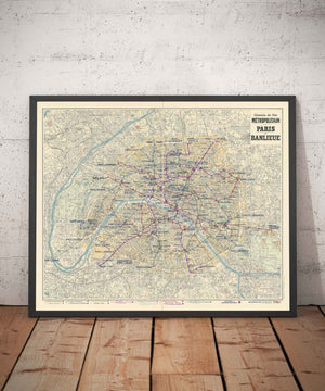 Old Map of Paris Métro Subway and Landmarks, 1934 by Gaillac-Monrocq - 13 Lines, Arc de Triomphe, 20th Century City Tourist Map