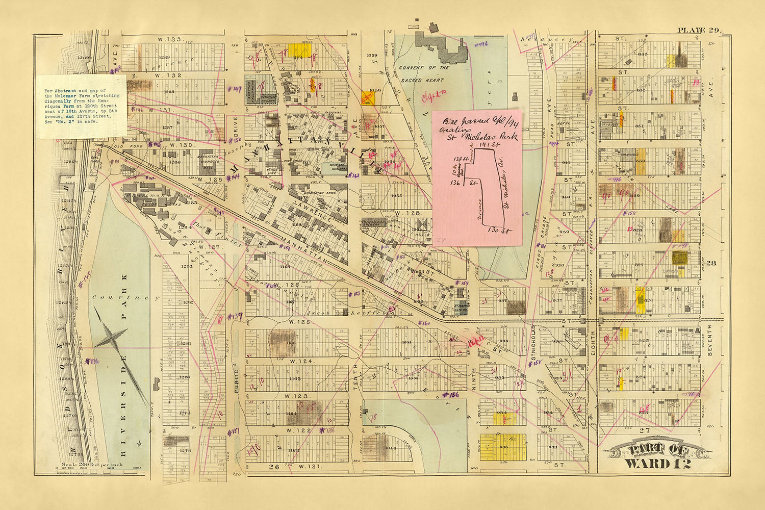 Old Map of Harlem, NYC by Bromley, 1879: Riverside Park, Convent, Broadway, Railroads, Amsterdam Ave