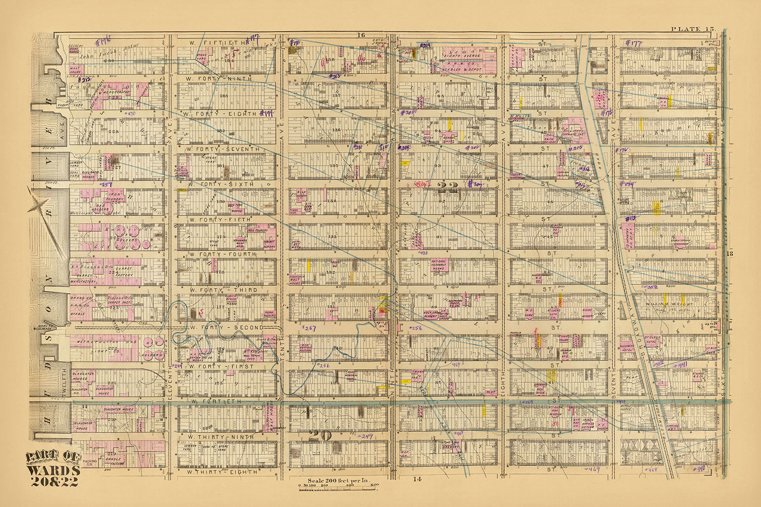 Old Map of Theater District, New York City, 1879: Times Square, Ferry to Weehawken, 42nd Street Station, West 38-50th St, Broadway