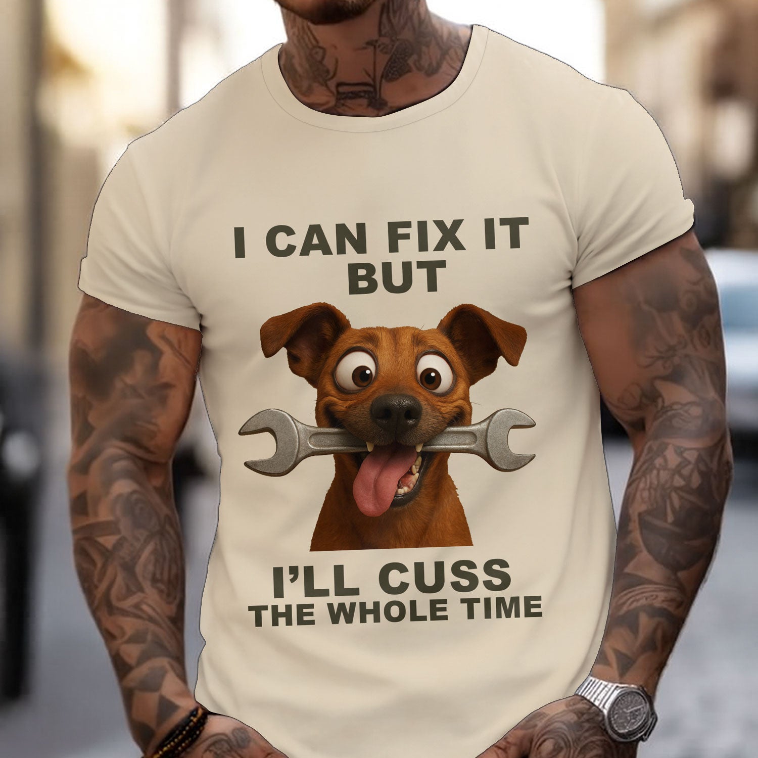 I Can Fix It But I’ll Cuss The Whole Time Mechanic Shirt, Funny Dog With Wrench Shirt Gift For Mechanic