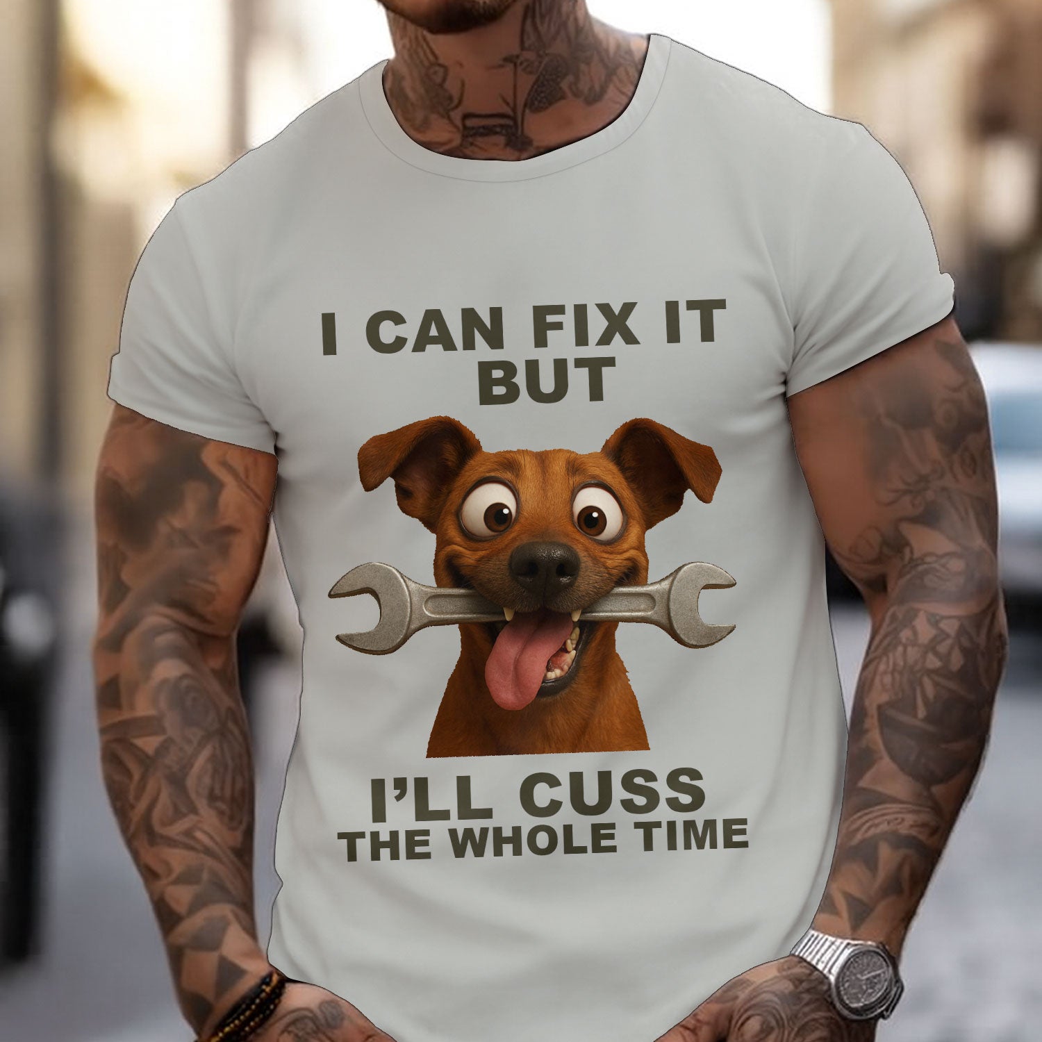 I Can Fix It But I’ll Cuss The Whole Time Mechanic Shirt, Funny Dog With Wrench Shirt Gift For Mechanic