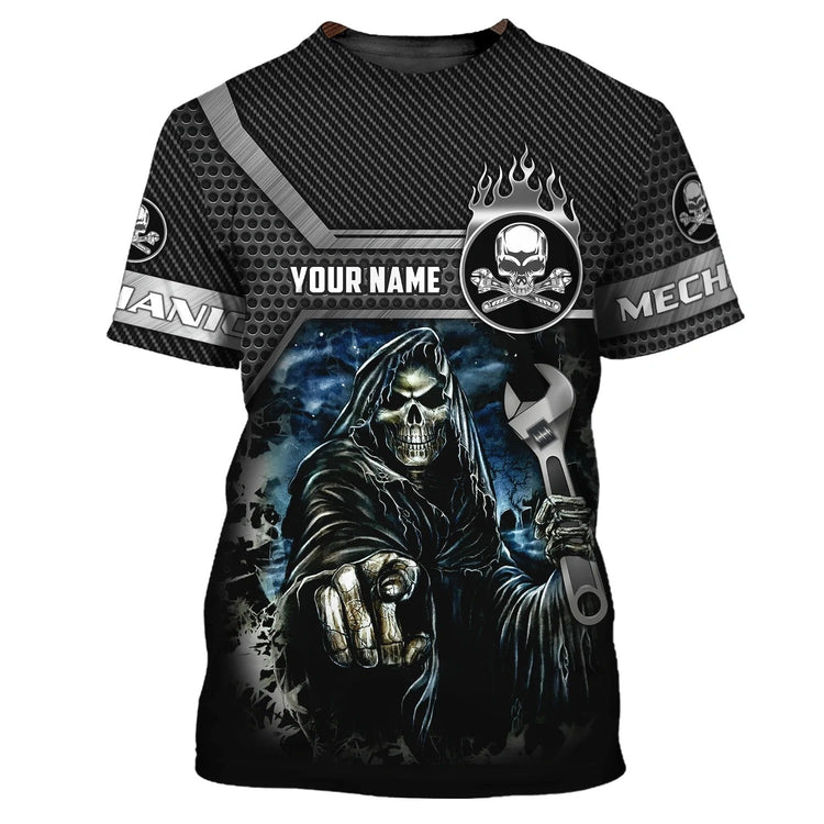 Personalized Name Grumpy Old Mechanic 3D Shirts, Skull Mechanical Tshirt For Him, Mechanic Men Shirt
